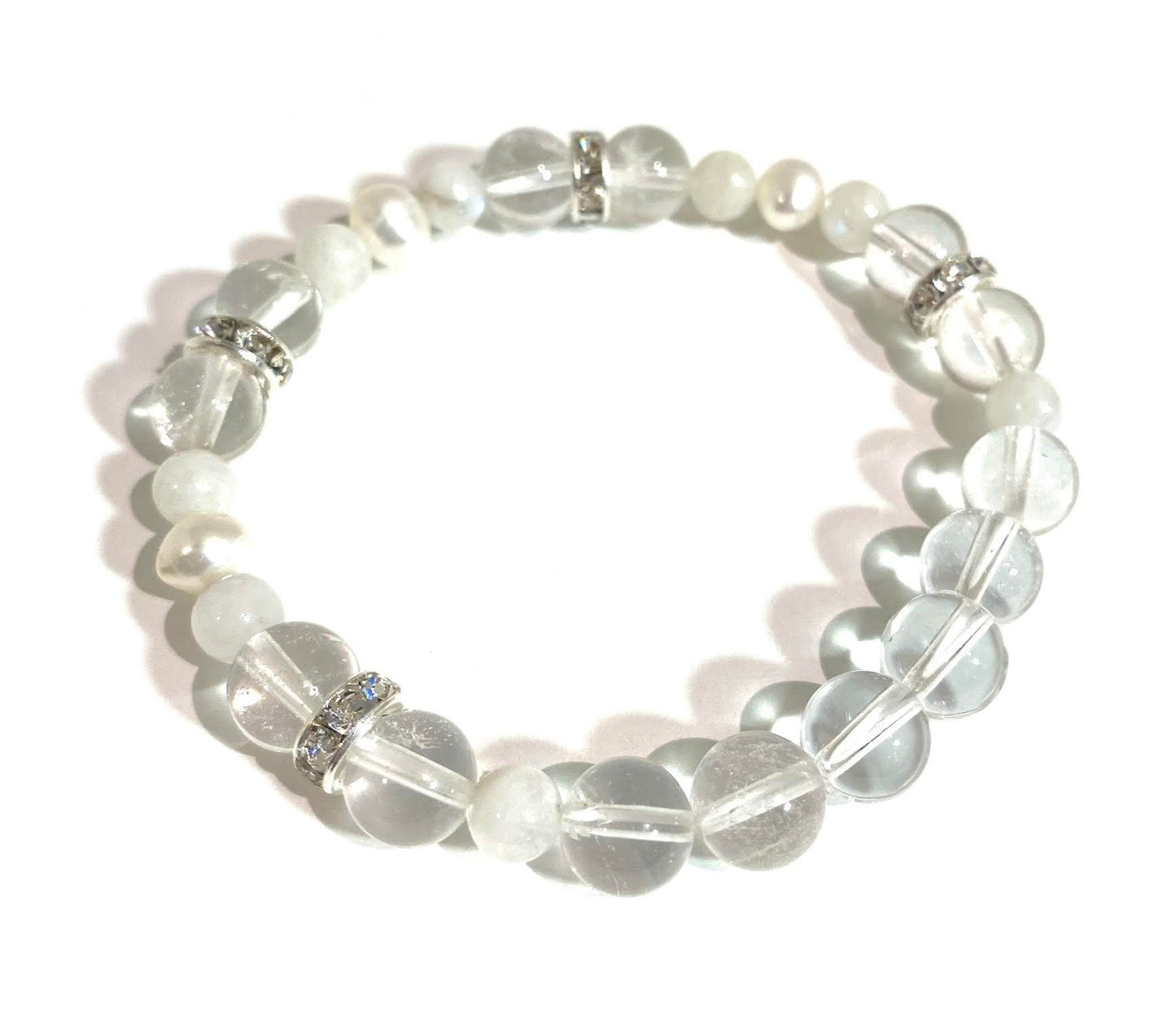 Crystal Quartz, Rainbow Moonstone and Pearl Bracelet