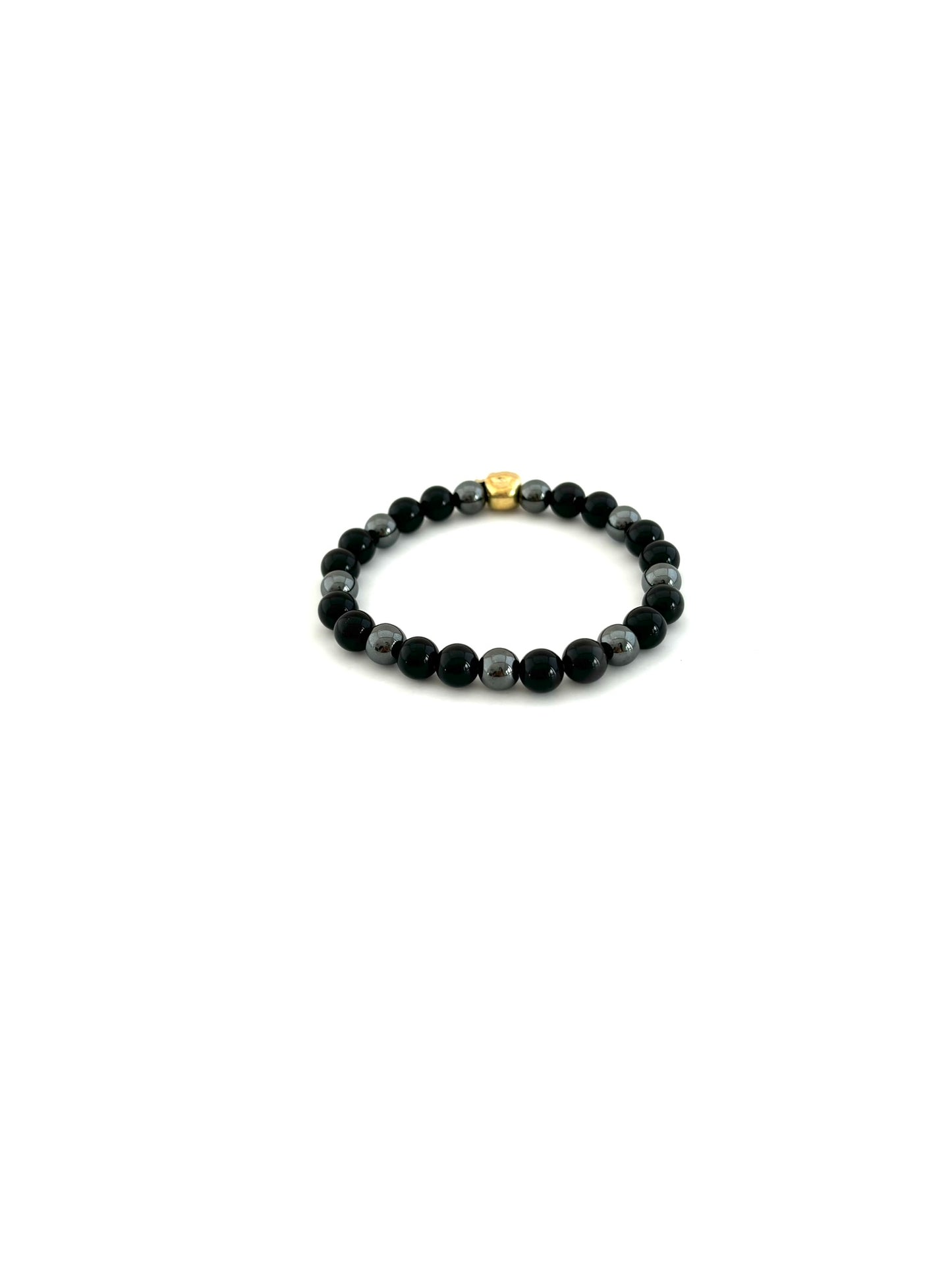 Skull Bracelet with Black Obsidian and Hematite Beads
