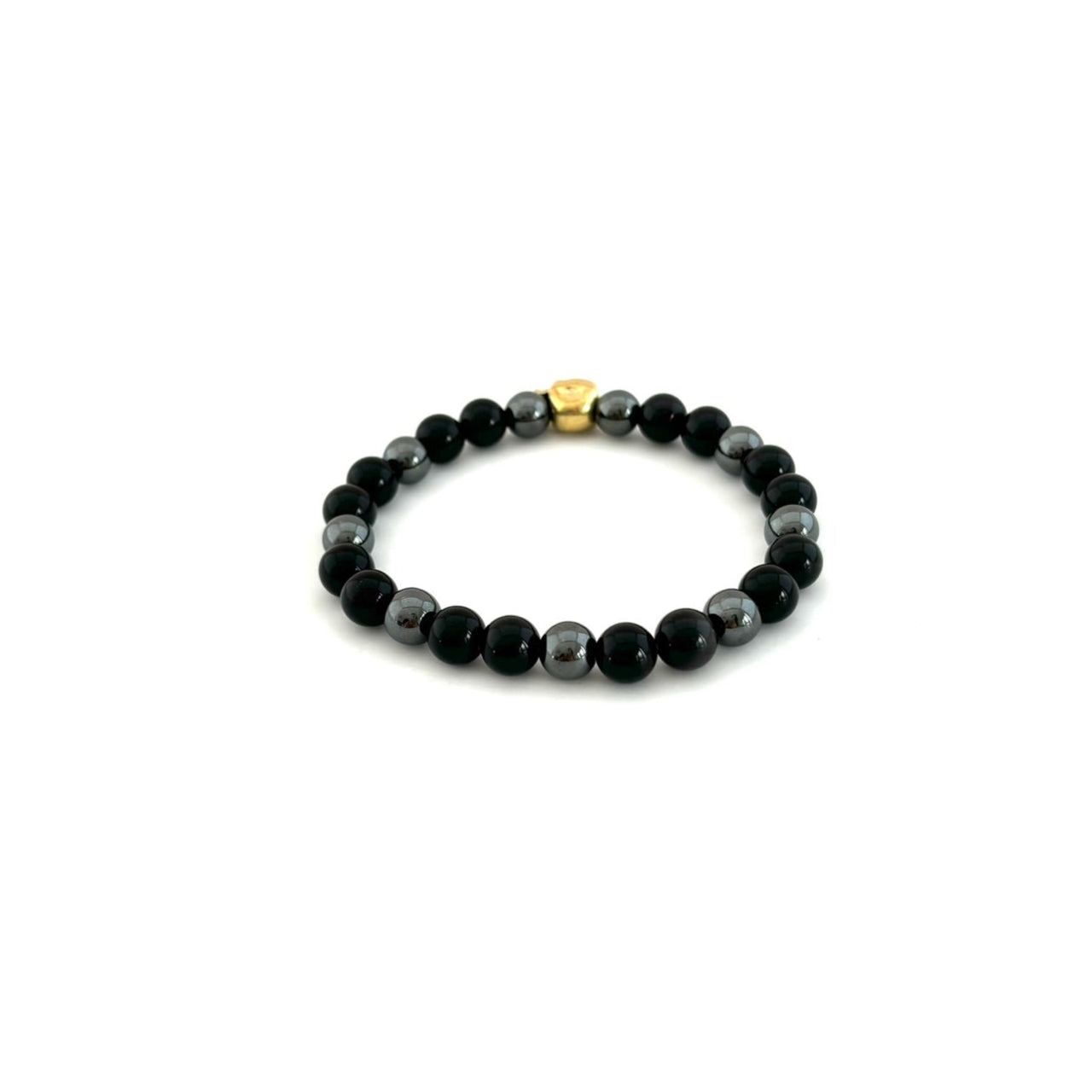 Skull Bracelet with Black Obsidian and Hematite Beads