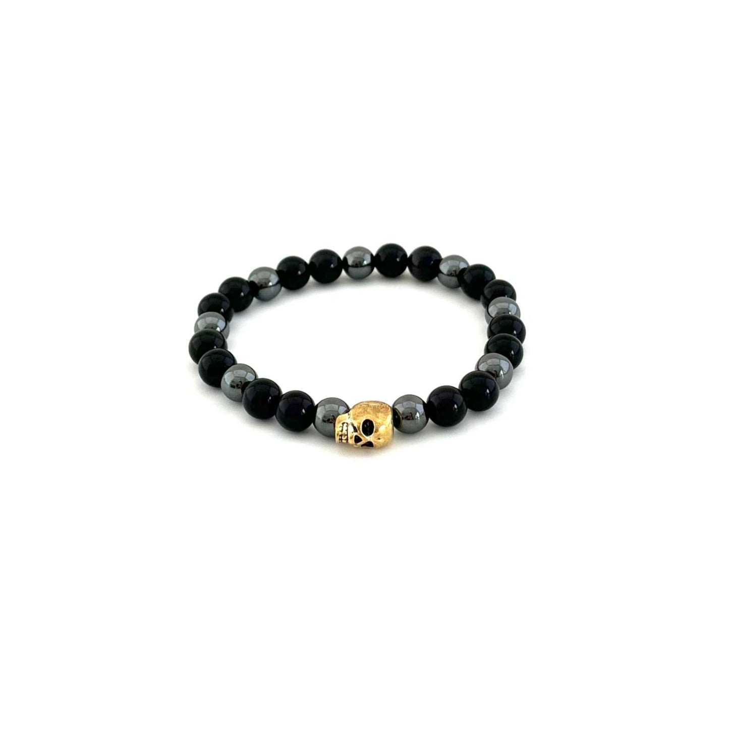 Skull Bracelet with Black Obsidian and Hematite Beads