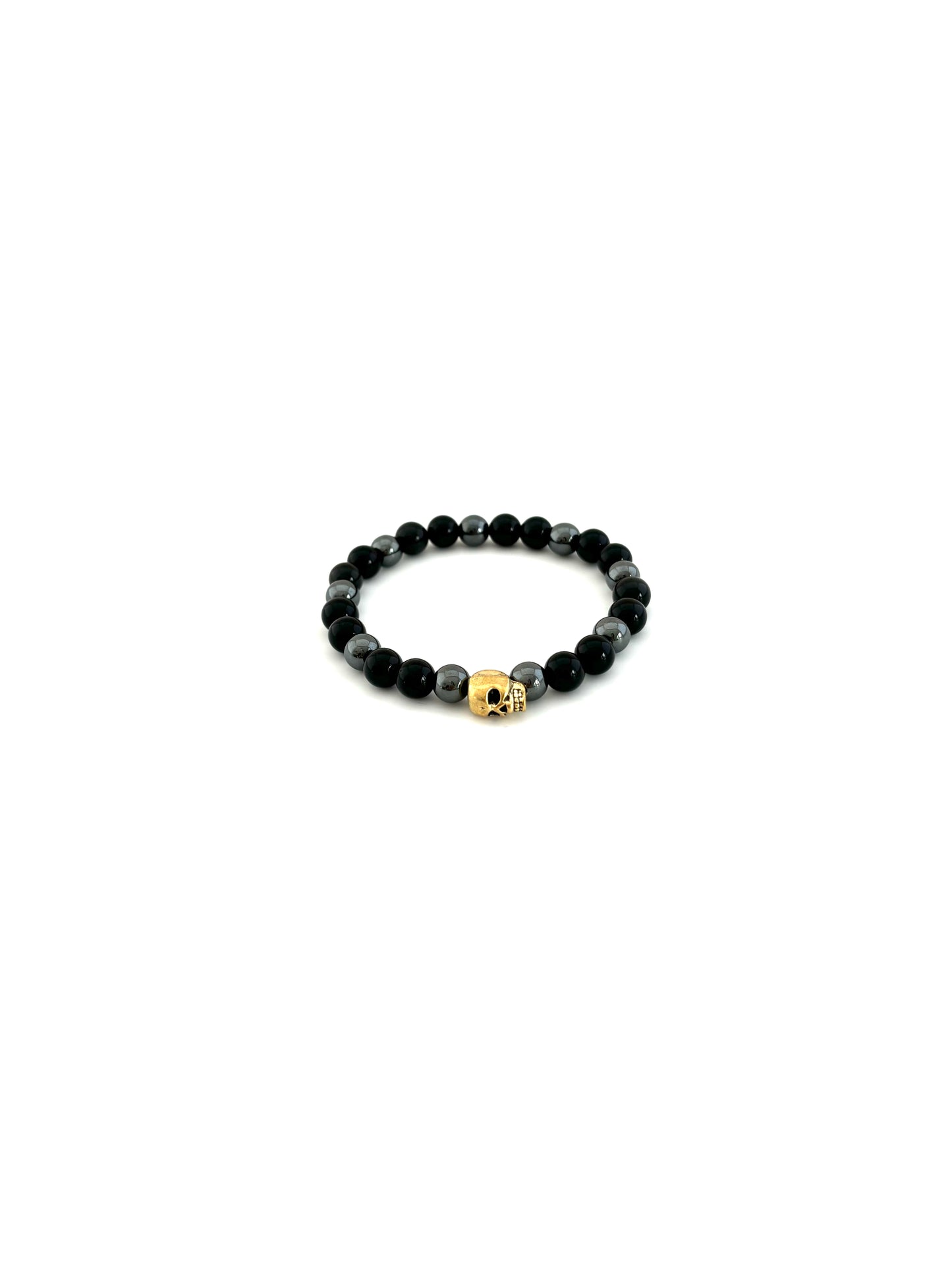Skull Bracelet with Black Obsidian and Hematite Beads