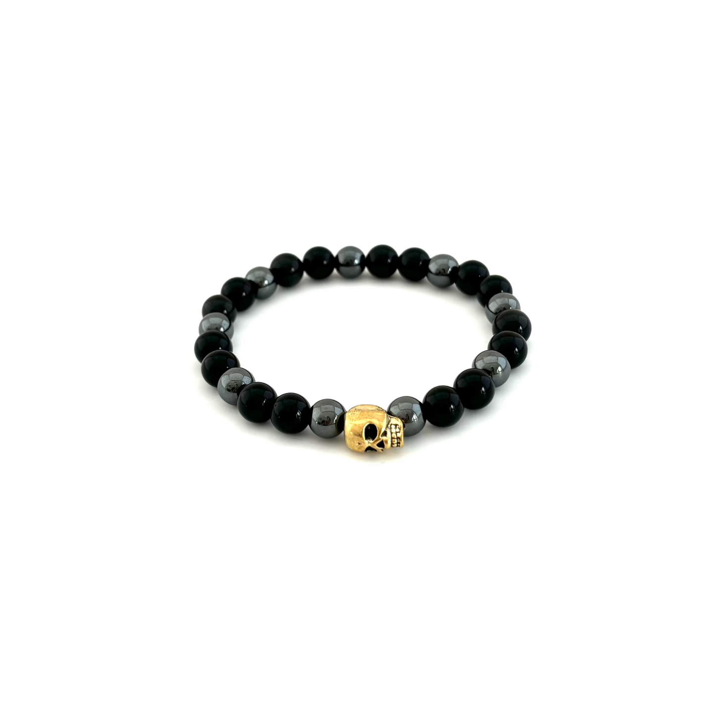 Skull Bracelet with Black Obsidian and Hematite Beads