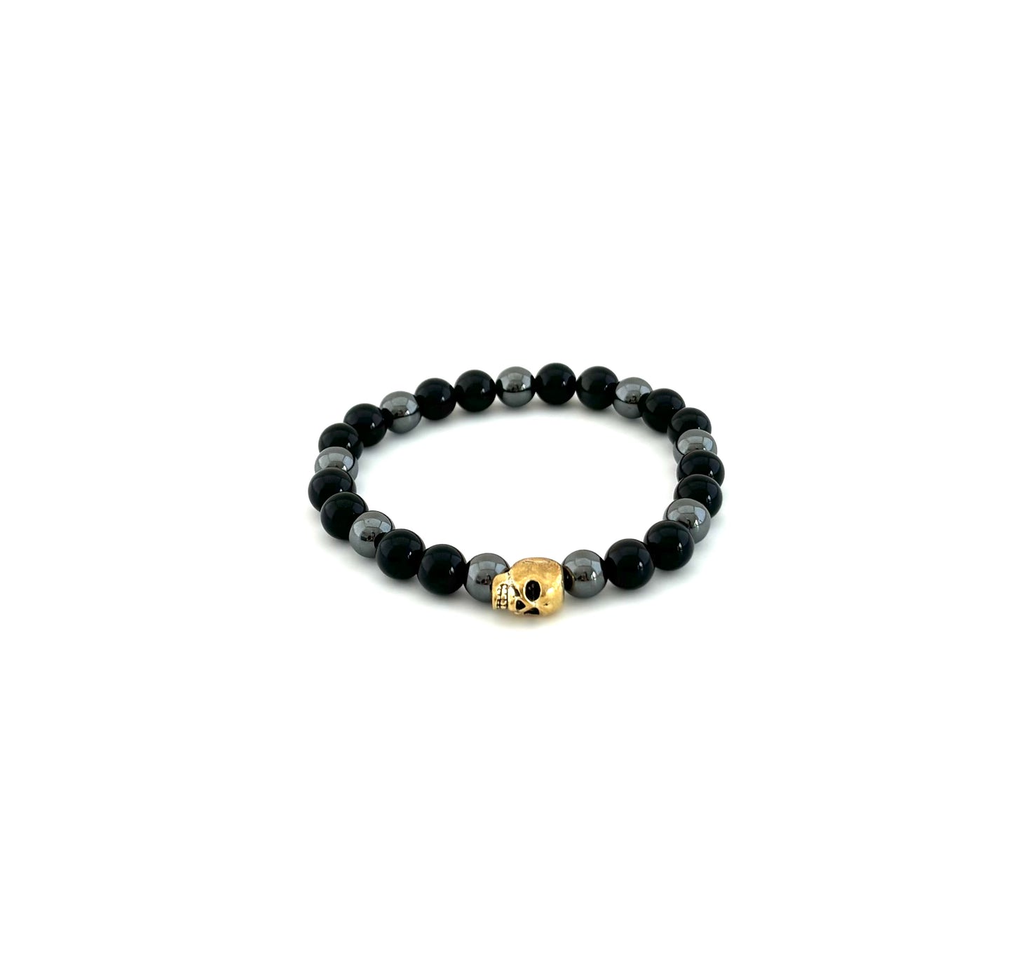 Skull Bracelet with Black Obsidian and Hematite Beads