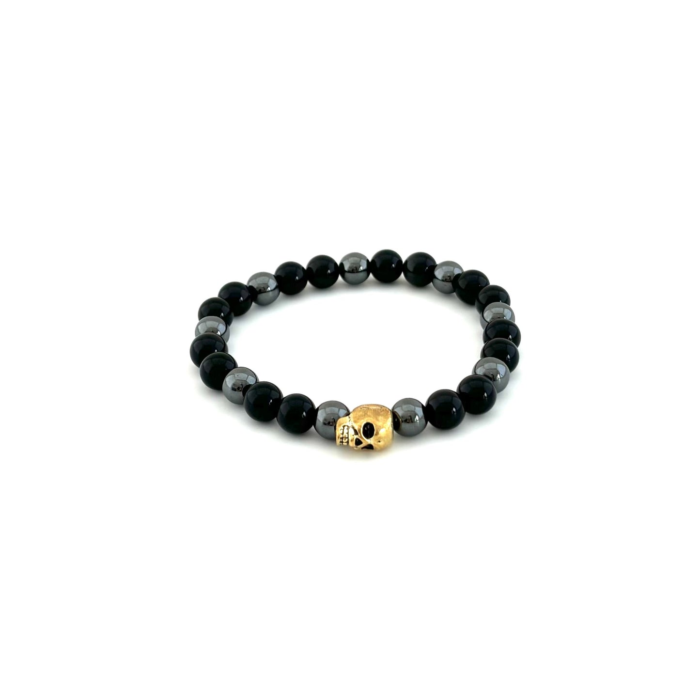 Skull Bracelet with Black Obsidian and Hematite Beads