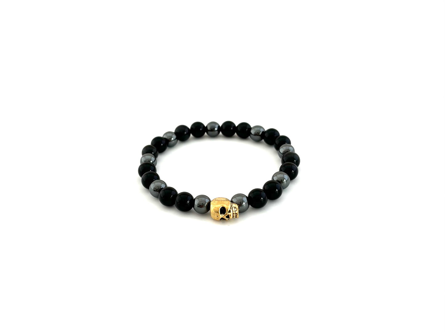 Skull Bracelet with Black Obsidian and Hematite Beads