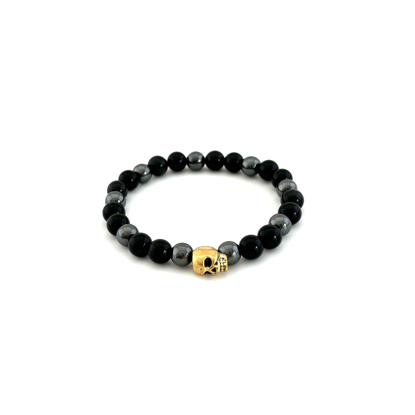 Skull Bracelet with Black Obsidian and Hematite Beads