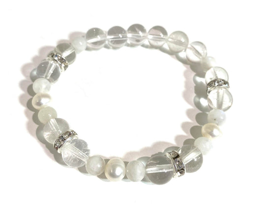 Crystal Quartz, Rainbow Moonstone and Pearl Bracelet