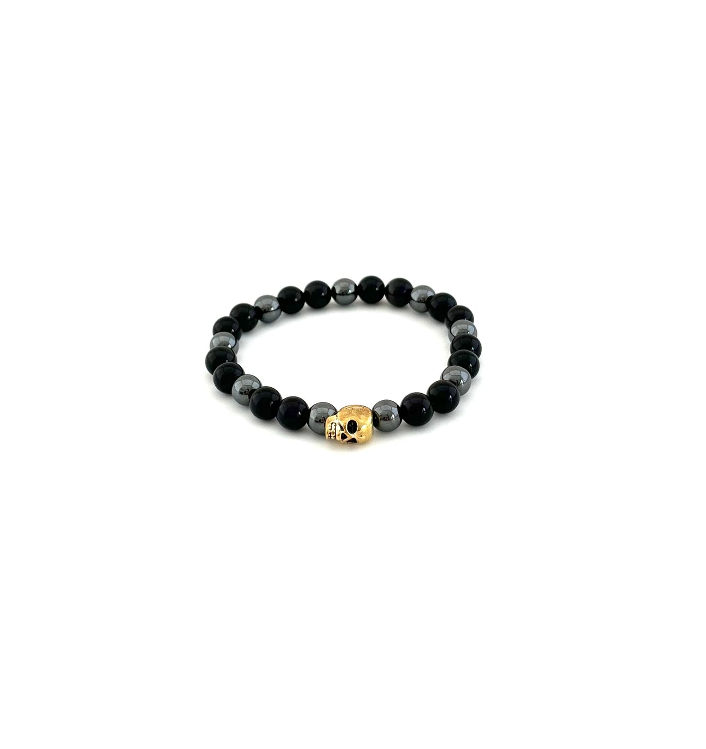 Skull Bracelet with Black Obsidian and Hematite Beads