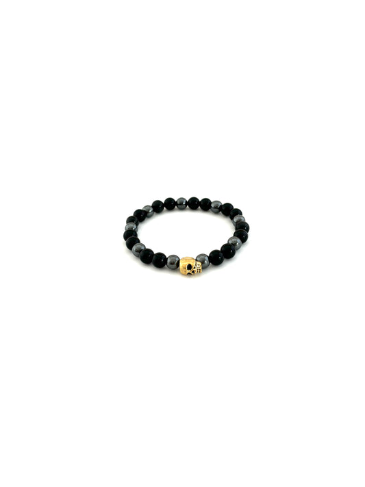 Skull Bracelet with Black Obsidian and Hematite Beads