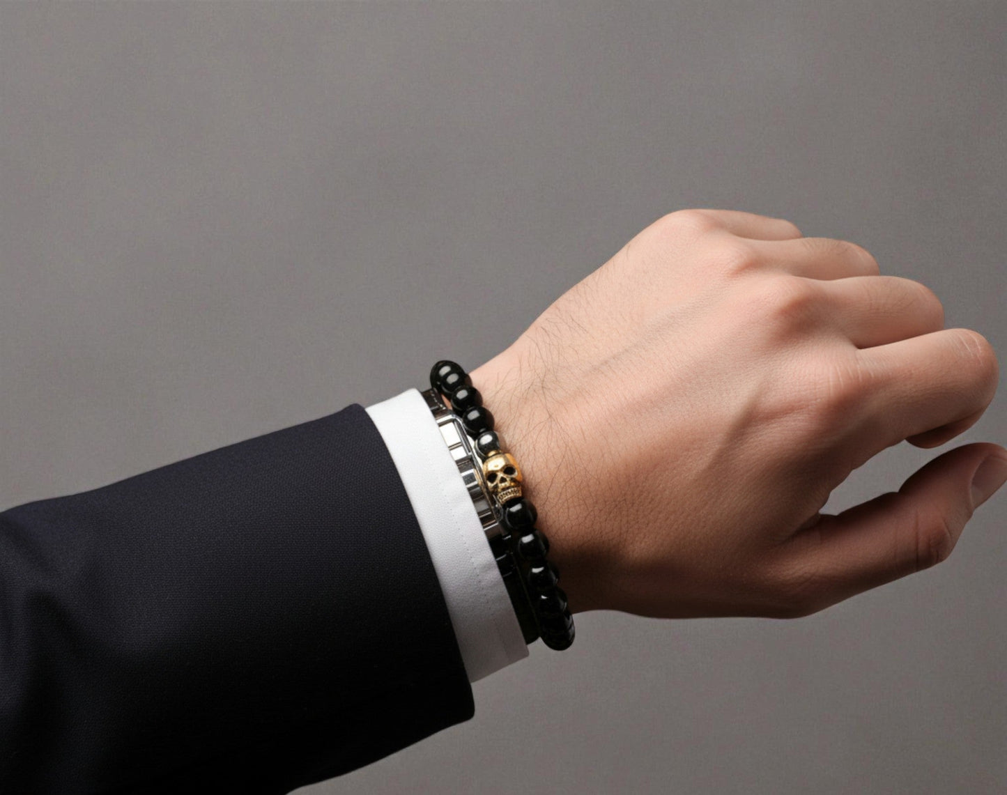 Skull Bracelet with Black Obsidian and Hematite Beads